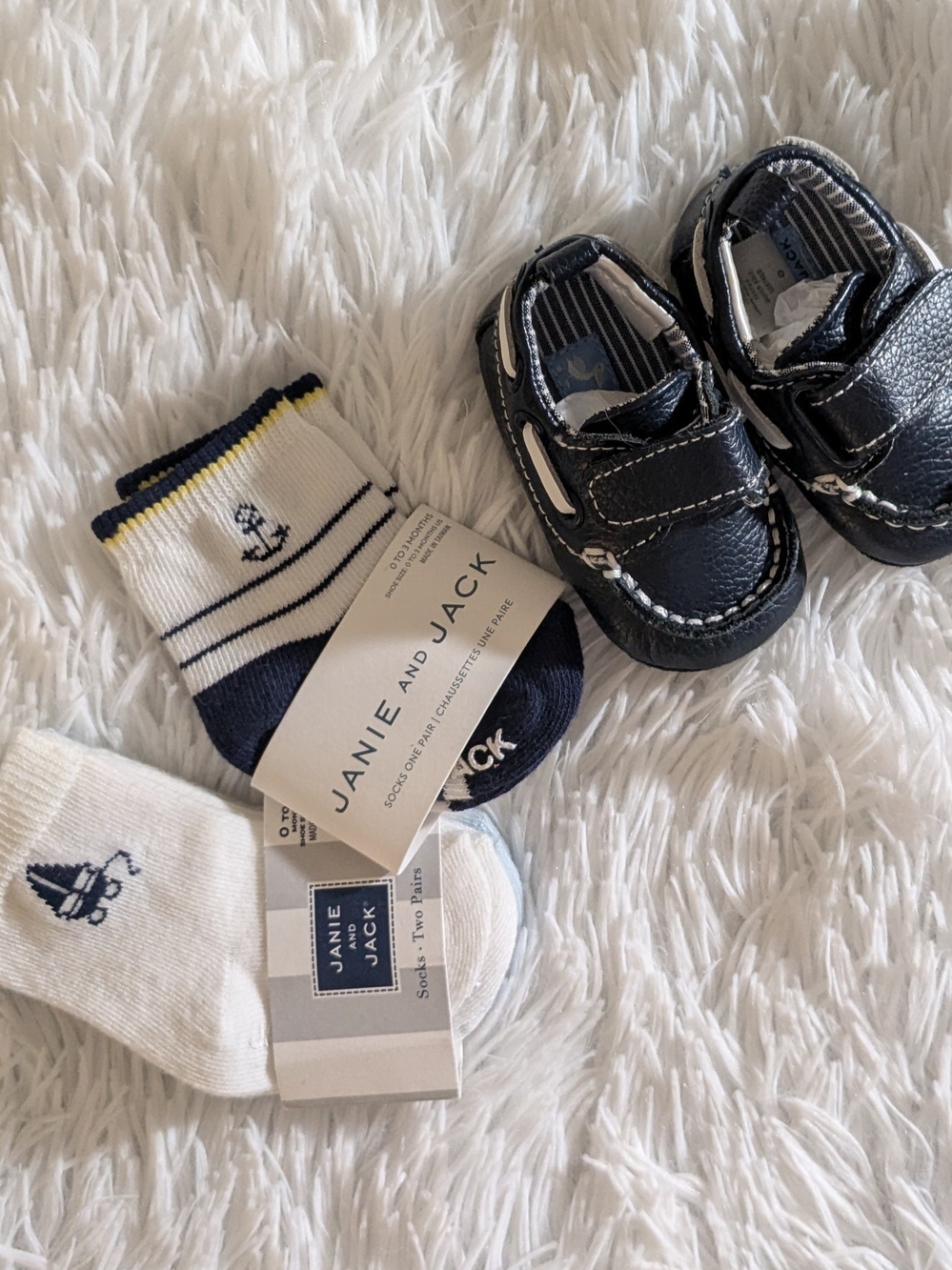 Janie and Jack Navy and White Baby Boat Shoes with 3 Pairs Of Nautical Socks